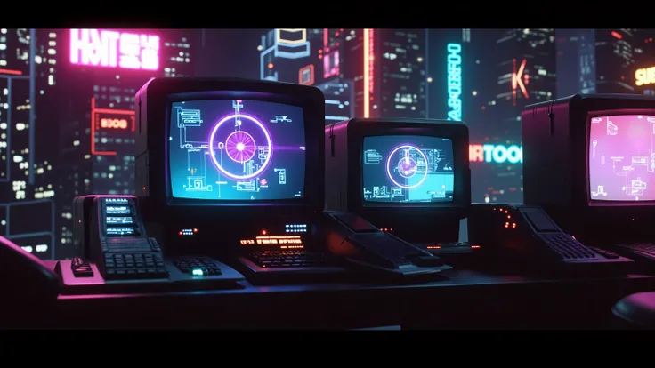 Old computers displaying dynamic graphics with city lights flashing in the background, completely static camera, futuristic style with vibrant night lighting. ultra-real, 4k.