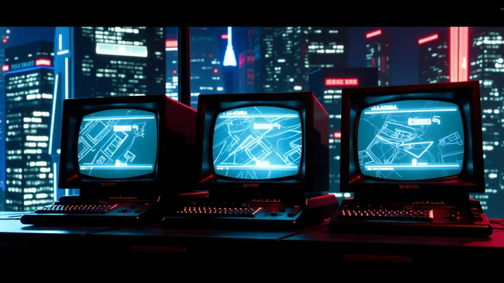 Old computers displaying dynamic graphics with city lights flashing in the background, completely static camera, futuristic style with vibrant night lighting. ultra-real, 4k.