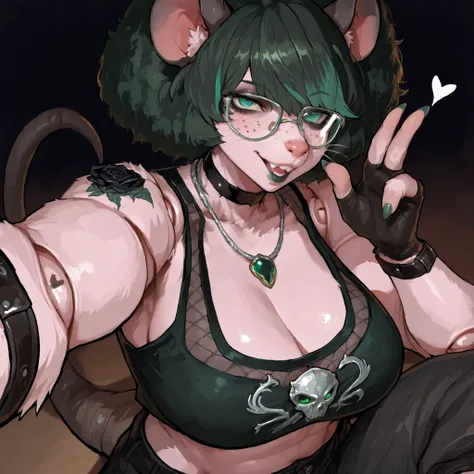 (Tall Mature Voluptuous Female furry rat), (black big curly afro with green highlights), (Green streaks in hair), (green eyes), (glowing iris), (black choker), (black leather bracelets), (Black Rose Tattoo on right shoulder), (Silver necklace with a green ...