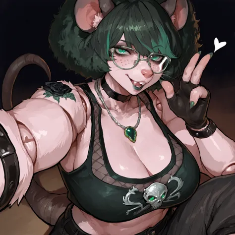 (Tall Mature Voluptuous Female furry rat), (black big curly afro with green highlights), (Green streaks in hair), (green eyes), (glowing iris), (black choker), (black leather bracelets), (Black Rose Tattoo on right shoulder), (Silver necklace with a green ...