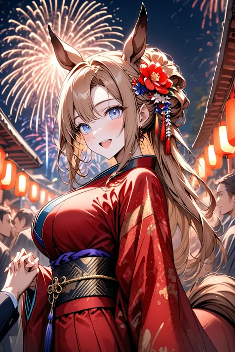solo, female, centaur, from side, large breasts, thin waist, excited, POV, date, holding hands, crowd, horse ears, Chestnut brown fur, cherry blonde hair and tail, gentle, smile, Japanese clothes, festival, luxurious, beautiful kimono, adult, Victorian, we...