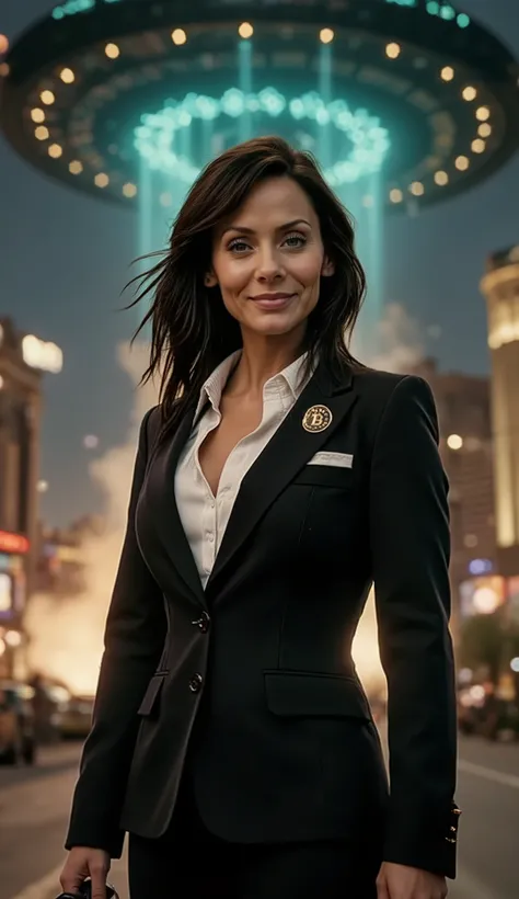 (low-angle perspective:1.6), (medium-shot:1.8), fearless FBI agent in black suit (voluptuous cleavage, white V-neck blouse), official FBI logo patch on the left chest, gripping an iPhone 15 Pro Max and tactical flashlight, the flashlight is on,intense eye ...