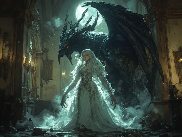 The silvermist ghost of a beautiful girl and the black bone dragon protecting her at night in the ruins of a church