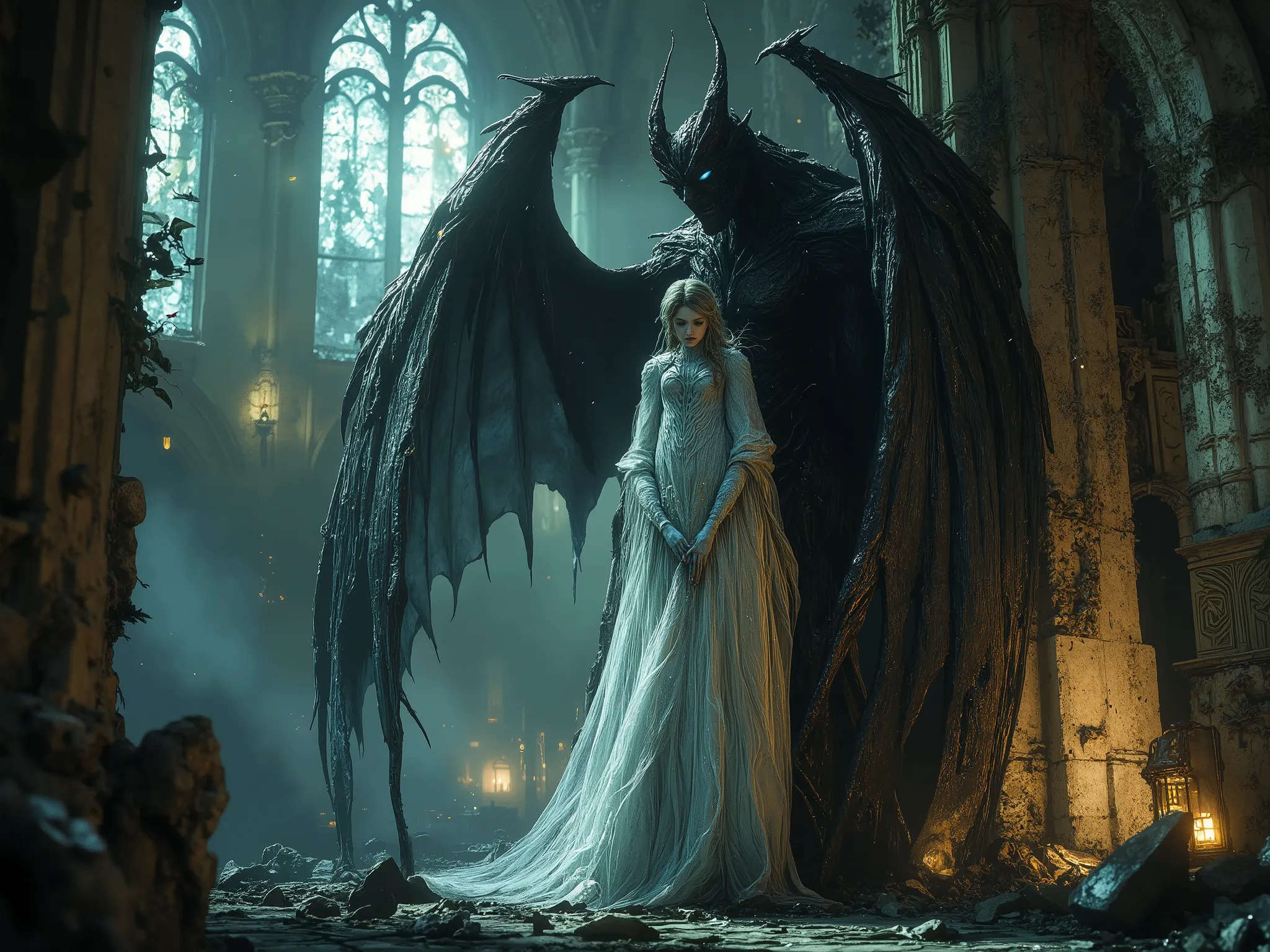 The silvermist ghost of a beautiful girl and the black bone dragon protecting her at night in the ruins of a church