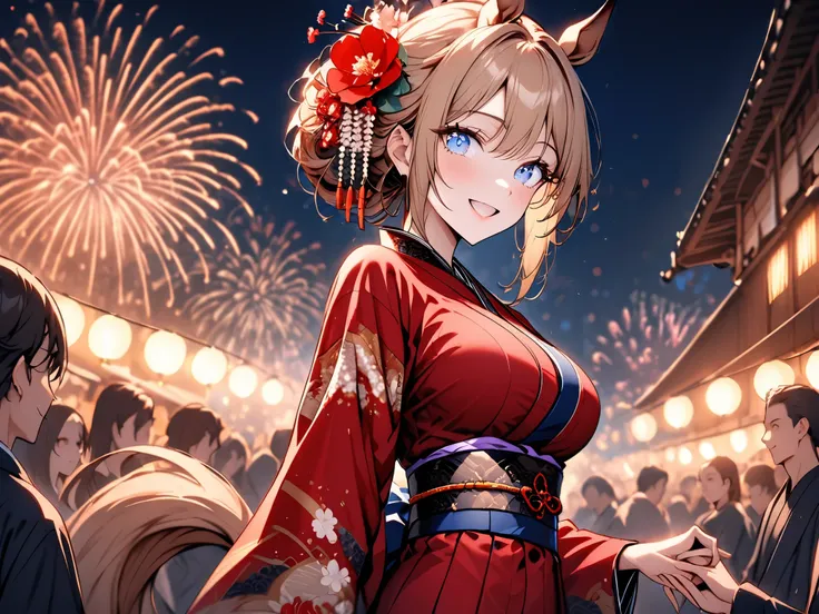 solo, female, centaur, from side, large breasts, thin waist, excited, POV, date, holding hands, crowd, horse ears, Chestnut brown fur, cherry blonde hair and tail, gentle, smile, Japanese clothes, festival, luxurious, beautiful kimono, adult, Victorian, we...