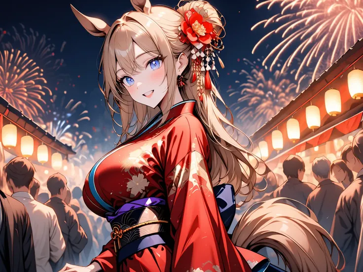 solo, female, centaur, from side, large breasts, thin waist, excited, POV, date, holding hands, crowd, horse ears, Chestnut brown fur, cherry blonde hair and tail, gentle, smile, Japanese clothes, festival, luxurious, beautiful kimono, adult, Victorian, we...