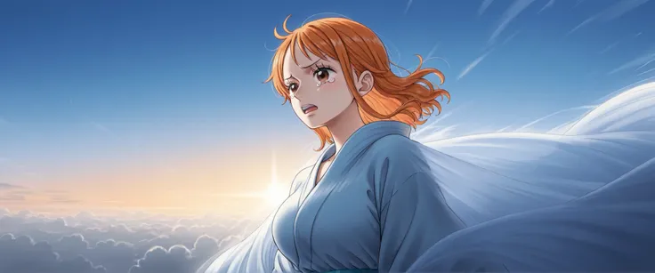 nami(one piece), orange hair, giant anime characters tearing through the fabric of reality into the real world, distorted sky, dramatic lighting, surreal combination of cartoon and real textures, epic scene
