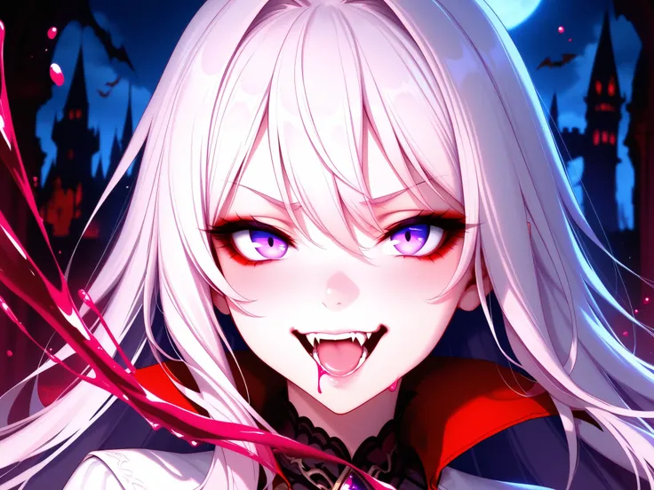 Close up of a beautiful pale girl, violet eyes, vampire fangs dripping red liquid, evil look, best quality, 8k, extremely detailed, anime style, spooky castle background,