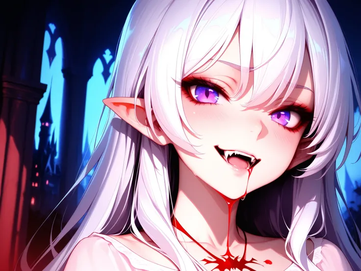 Close up of a beautiful pale girl, violet eyes, vampire fangs dripping red liquid, evil look, best quality, 8k, extremely detailed, anime style, spooky castle background,