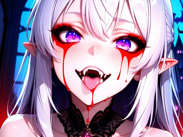 Close up of a beautiful pale girl, violet eyes, vampire fangs dripping red liquid, evil look, best quality, 8k, extremely detailed, anime style, spooky castle background,
