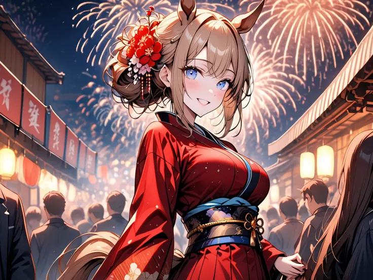 solo, female, centaur, from side, large breasts, thin waist, excited, POV, date, holding hands, crowd, horse ears, Chestnut brown fur, cherry blonde hair and tail, gentle, smile, Japanese clothes, festival, luxurious, beautiful kimono, adult, Victorian, we...
