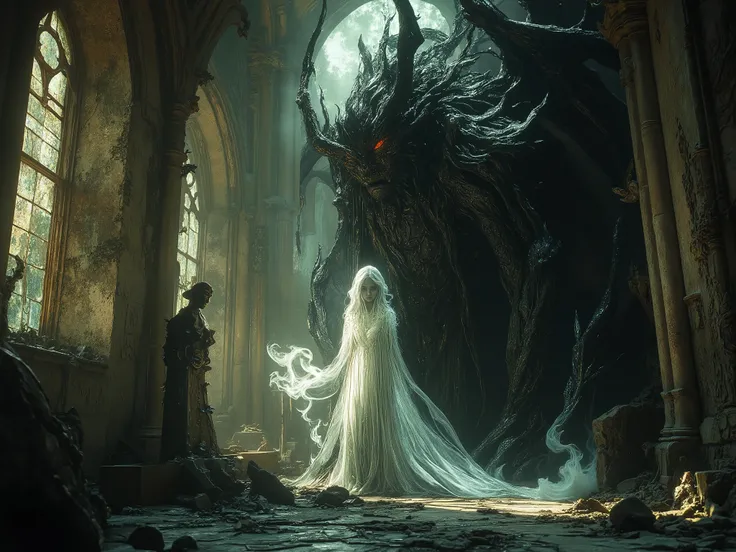 The silvermist ghost of a beautiful girl and the black bone dragon protecting her at night in the ruins of a church