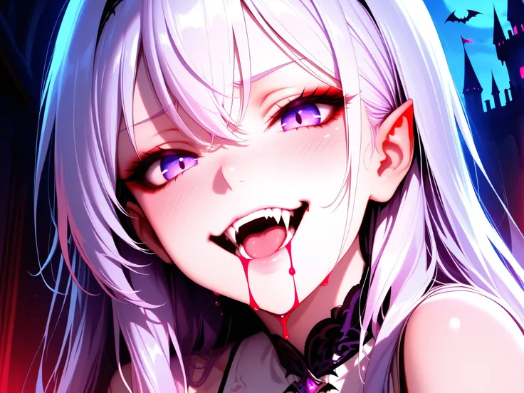 Close up of a beautiful pale girl, violet eyes, vampire fangs dripping red liquid, evil look, best quality, 8k, extremely detailed, anime style, spooky castle background,