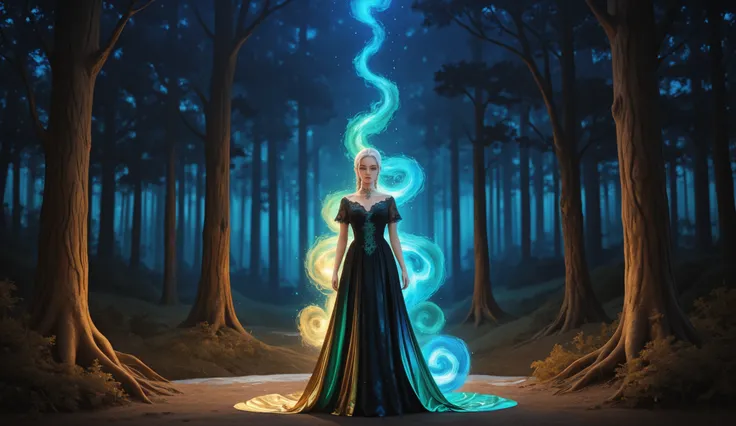 A whimsical, delicate woman with messy white hair, adorned with a loose, tousled braid and soft bangs, wearing intricate gothic clothing rich with lace details. Her attire features a refined palette of deep sapphire blue, emerald green, and subtle gold emb...