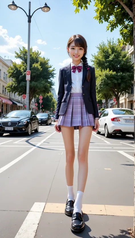 (full body shot:1.4), (foot focus:1.4), (from below:1.4), standing with fashion model pose, (Young Face), (depth of field), (masterpiece, best quality), highly detailed, blush, grin, happy, light smile, , very cute、Angelic smile, flaxen hair, side braid ha...