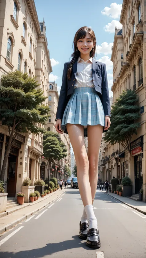 (full body shot:1.4), (foot focus:1.4), (from below:1.4), standing with fashion model pose, (Young Face), (depth of field), (masterpiece, best quality), highly detailed, blush, grin, happy, light smile, , very cute、Angelic smile, flaxen hair, side braid ha...