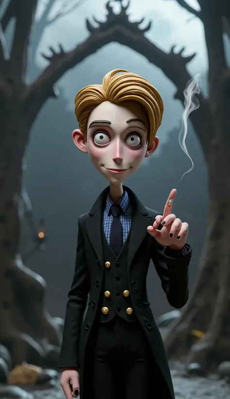 Tim Burton movie, cinematic composition, stop motion, clay animation, a vampire king looking at viewer, gothic confident young boy with slick blonde hair on the side his hair cover his left eye , a small curly eyebrow visible on the other. He is smirking w...