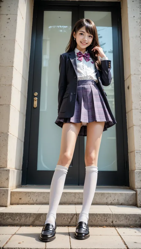 (full body shot:1.4), (foot focus:1.4), (from below:1.4), standing with fashion model pose, (Young Face), (depth of field), (masterpiece, best quality), highly detailed, blush, grin, happy, light smile, , very cute、Angelic smile, flaxen hair, side braid ha...