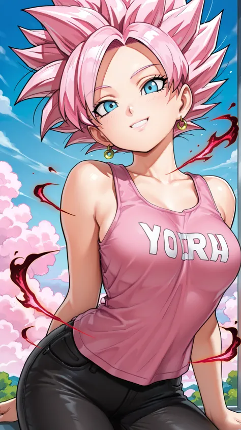 masterpiece, best quality, amazing quality, newest, very aesthetic, 1girl,super saiyan god,pink tanktop,black jeans,arms behinde her back,leans toward the viewer,looking at the viewer,super saiyan red,sky and clouds background,smile,pretty,super saiyan red...