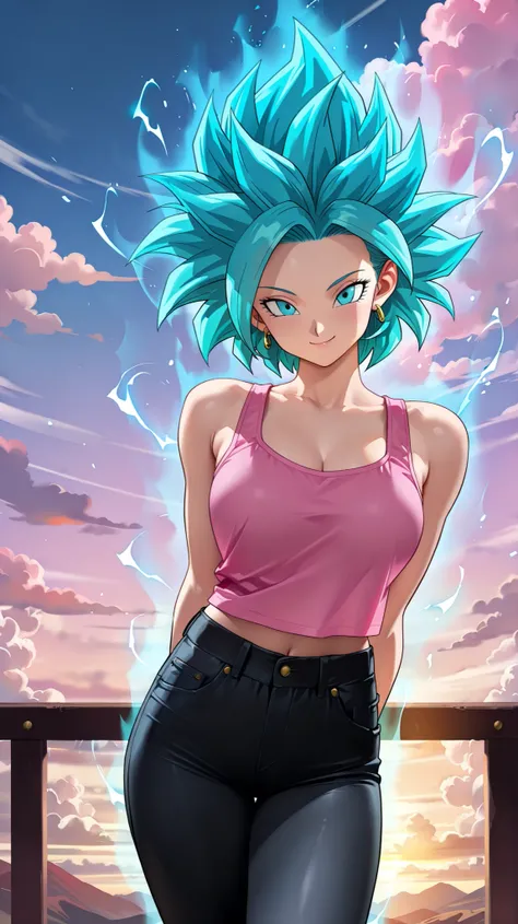 masterpiece, best quality, amazing quality, newest, very aesthetic, 1girl,super saiyan blue,pink tanktop,black jeans,arms behinde her back,leans toward the viewer,looking at the viewer,super saiyan,sky and clouds background,smile,pretty,super saiyan aura,c...