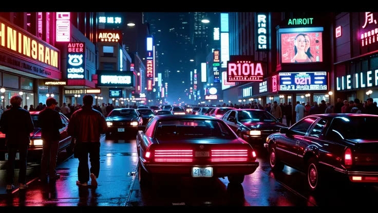 A crowded cyberpunk street at night with vintage 1980s-style futuristic cars, colorful neon signs, holograms, rain-soaked pavement reflecting pink and blue lights, people in leather jackets and visors, Blade Runner vibes --v 5 --ar 16:9 --q 2