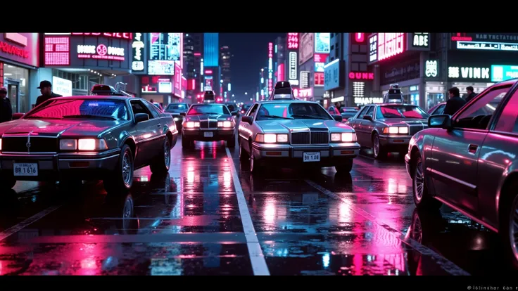 A crowded cyberpunk street at night with vintage 1980s-style futuristic cars, colorful neon signs, holograms, rain-soaked pavement reflecting pink and blue lights, people in leather jackets and visors, Blade Runner vibes --v 5 --ar 16:9 --q 2