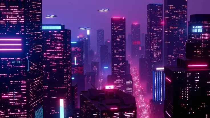 Wide aerial shot of a neon-lit retro-futuristic city at night, with glowing skyscrapers, flying cars, vaporwave colors (purple, pink, cyan), misty atmosphere, reflections on wet streets, 1980s cyberpunk aesthetic --v 5 --ar 16:9 --q 2