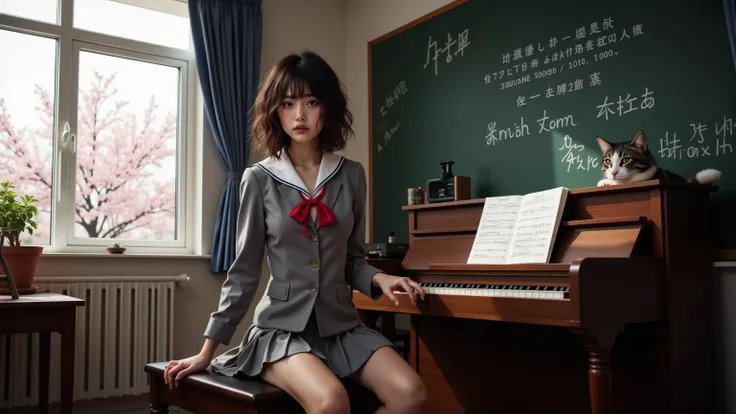 ultra-realistic, photorealistic, dramatic scene, shadow, global-illumination, Japanese high school student girl, very beautiful fragile Japanese girl, boyish cool face with sporty atmosphere, (very large breasts), slim waist, (wearing a gray colored Japanese high school cute uniform of white shirt with blazer and skirt, red ribbon:1.2), (very large breasts), (she is playing the piano at the music classroom, The giant cat is hiding in piano), there are cherry blossoms in full bloom outside, window, curtain, a sheet music is written on the large blackboard,  Metronome and sheet music book are on the piano