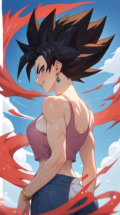 masterpiece, best quality, amazing quality, newest, very aesthetic, 1girl,super saiyan god,pink tanktop,black jeans,arms behinde her back,leans toward the viewer,looking at the viewer,super saiyan red,sky and clouds background,smile,pretty,super saiyan red...