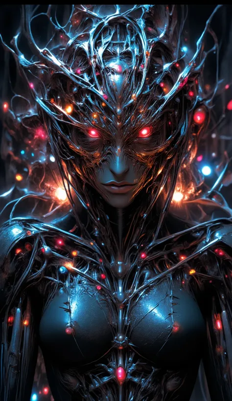 Horror anime biomechanical woman, nightmarish design, exposed machinery, torn synthetic skin, multiple crimson eyes, broken cybernetic limbs, abandoned laboratory, eerie lighting, grotesque textures, disturbing horror aesthetic, highly detailed.