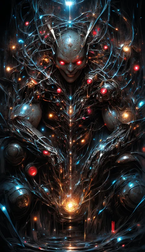 Horror anime biomechanical woman, nightmarish design, exposed machinery, torn synthetic skin, multiple crimson eyes, broken cybernetic limbs, abandoned laboratory, eerie lighting, grotesque textures, disturbing horror aesthetic, highly detailed.