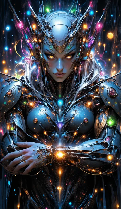 Anime biomechanical woman, ethereal cyberpunk fantasy, metallic wings, glowing runes, pastel colors, silver hair, luminous golden eyes, dreamy forest, soft mist, intricate details, soft lighting, highly detailed, fantasy sci-fi.
