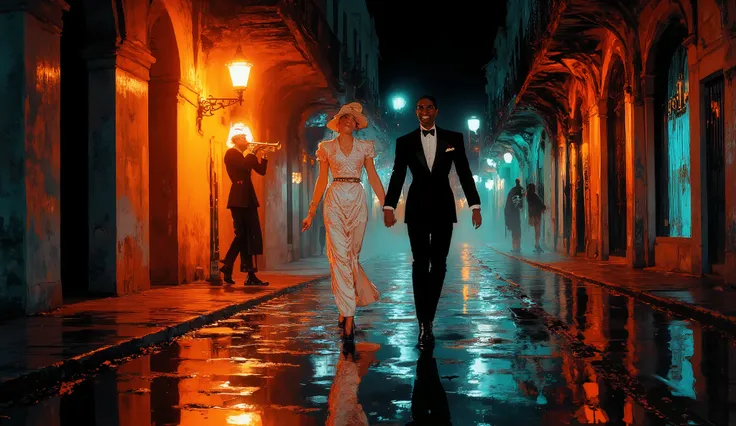 Fashion illustration of a couple walking hand-in-hand down a cobblestone street in historic New Orleans at night, with a black man playing trumpet near a streetlamp. The night is alive with color—rusty red, antique ruby, and midnight green hues. The couple...
