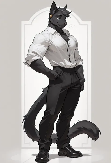 masterpiece, best quality, anthro cat with all black fur, male, solo male, tall, (smooth body), smooth body, grey eyes, gold earrings, lean modest muscular figure, (full body), wearing button up shirt and black pants,