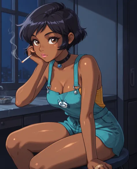 masterpiece, best quality, good quality, cartoon, totally_spies_2k24 alex, black hair, short hair, brown eyes, dark-skinned female, pink lips, medium breasts, choker. | HDR, 8K, masterpiece, best quality, amazing quality, very aesthetic, ultra-detailed, ab...