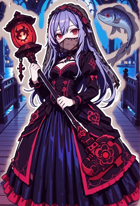 Gothic dress girl. Indigo costume. Indigo hair. Morning veil. Red eyes. Weapon. Mermaid style. Serpent body. Port city. Night. Pier. Distant view.