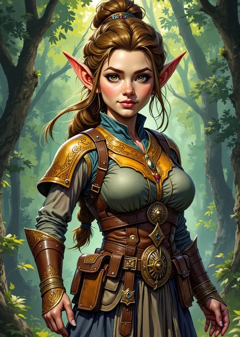An extremely detailed comic book illustration of a stunningly beautiful extremely curvaceous Gnome from Dungeons and Dragons petite magical folk with big eyes and pointed ears created by gods of invention and illusion seldom seen by other folk due to the g...