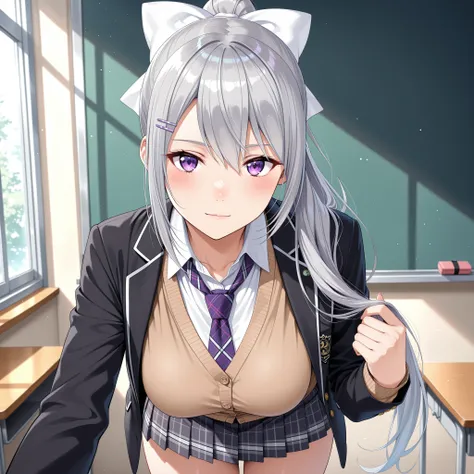 best quality, amazing quality, highres, absurdres, very aesthetic, high resolution, ultra detailed, perfect details,nijikaede,large breasts,purple eye,grey hair,long eyelashes,long hair,ponytail,white bow,hair pin,nijikaedecos,white shirt,purple necktie,pl...