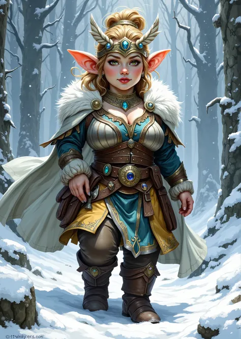 An extremely detailed comic book illustration of a stunningly beautiful extremely curvaceous Gnome from Dungeons and Dragons petite magical folk with big eyes and pointed ears created by gods of invention and illusion seldom seen by other folk due to the g...
