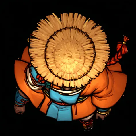  Medieval role-playing character. miniature type seen from above for role-playing game. Humanoid ant. Samurai. Oriental samurai-style straight straw hat. Raw cotton cover over clothes. metal fights in the hands. battle pose. transparent background. Plated ...