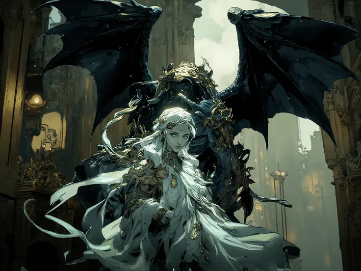 The silvermist ghost of a beautiful girl and the black bone dragon protecting her at night in the ruins of a church
