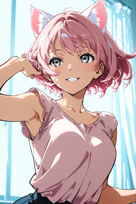 yoneyama mai style, dynamic pose, half body, 3/4 angle, masterpiece, high quality, pale pink hair girl, short hair, with cat ears, bluish gray eyes, anime style, adult face, cute, smiling