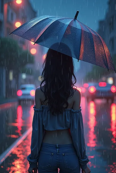 ((best quality)), ((masterpiece)), (detailed), 1girl, off-shoulder and backless sweater, cute 2d in real life, anime in real life, anime Invade real life, city road, night, heavy rain, umbrella, alone, back view, head up, cute Indonesian girl, add more magical, lights of thunder, supercool efects 