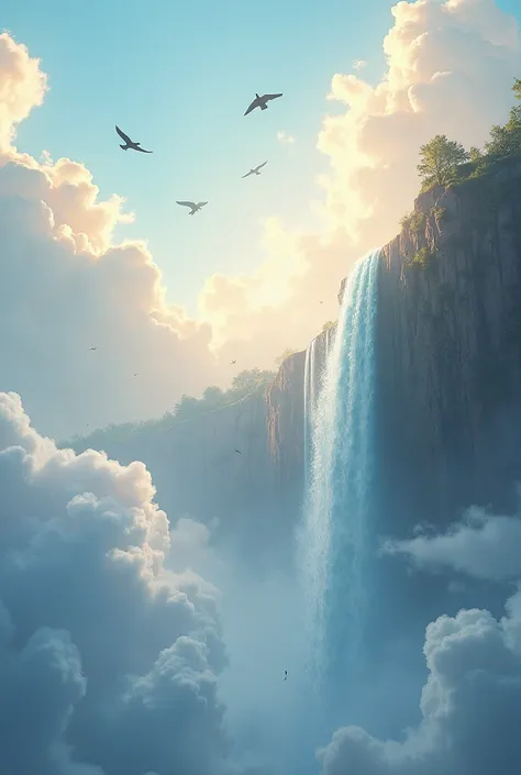 At the bottom of the image clouds looking like cotton, on top of the cloud a waterfall with a beautiful waterfall falling from the sky, Scene like from the movie theater. flying birds 