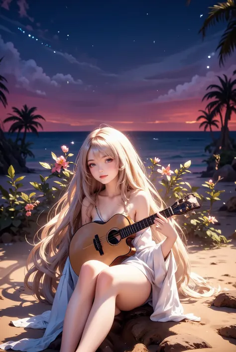 Hawaii, Lahaina beach, sunset, beautiful starry sky, western sky stained purple by the sunset sun, a solo beautiful sexy busty Viera girls, the Viera girl quietly playing ukulele on the beach, memorial song
