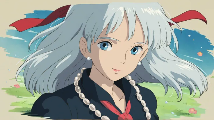 Studio Ghibli, hand drawn anime style,
masterpiece, high score, Total body length,
girl, Portrait, Illustrations, silver hair, blue eyes, black jacket and miniskirt, Red Ribbon, pearl necklace, flower earrings