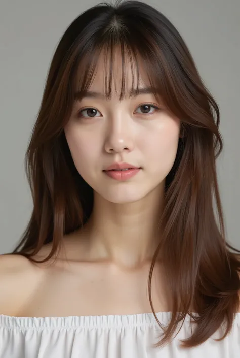 A natural-looking young woman, medium-long straight hair with soft layers, subtle brown hair color, minimal makeup, gentle lighting, realistic photography, highly detailed, professional beauty salon photoshoot style ,photorealistic, RAW photo, masterpiece,...