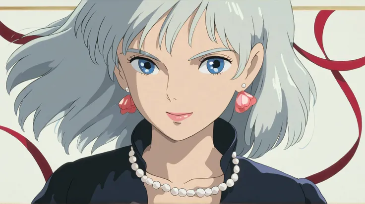 Studio Ghibli, hand drawn anime style,
masterpiece, high score, Total body length,
girl, Portrait, Illustrations, silver hair, blue eyes, black jacket and miniskirt, Red Ribbon, pearl necklace, flower earrings