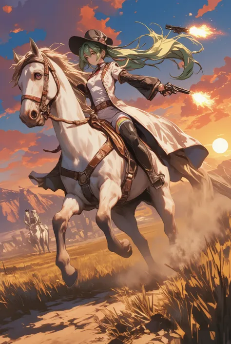 ( masterpiece、 Highest Quality、 Highest Quality、Official Art、 beautiful beautiful :1.2) Hatsune Miku、LIGHT GREEN TWIN TAILS, beautiful breasts, masterpiece, (Highest Quality, create high resolution,4K, 8k),(realistic, photorealistic: 1.5),the horse is ...