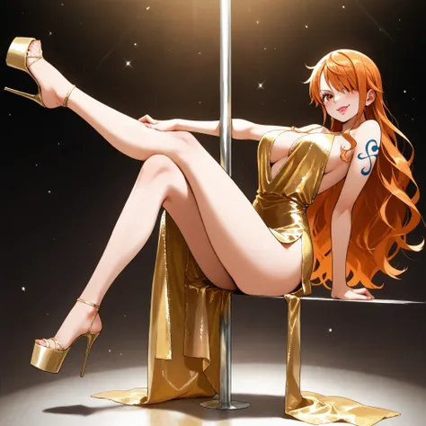 punteggio_9, punteggio_8_su, punteggio_7_su, punteggio_6_su, source_anime, anime, Solo, Nami da One Piece, very long hair, wavy orange hair, hair over an eye, orange eyes, disco dress, microabito, full body, golden super platform high heels,  seductive fac...